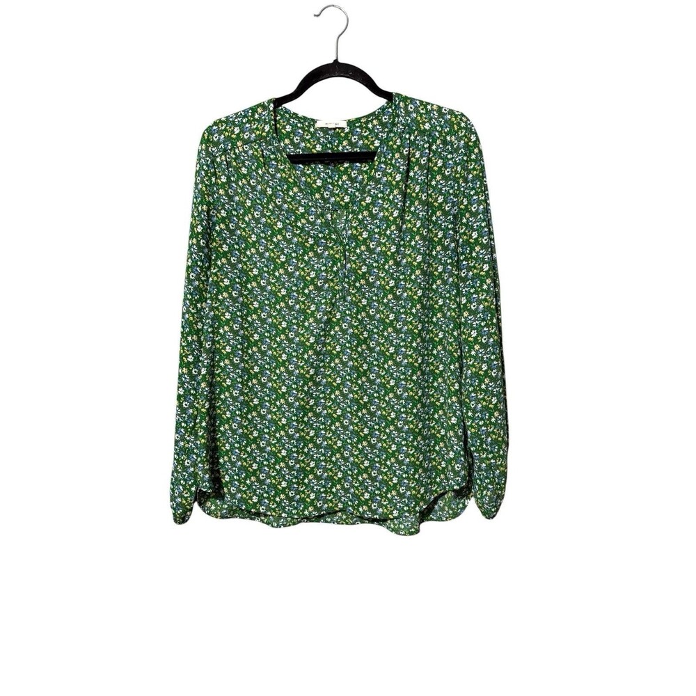 Pleione Floral Peasant Blouse Long Sleeve Split Neck Green Size L